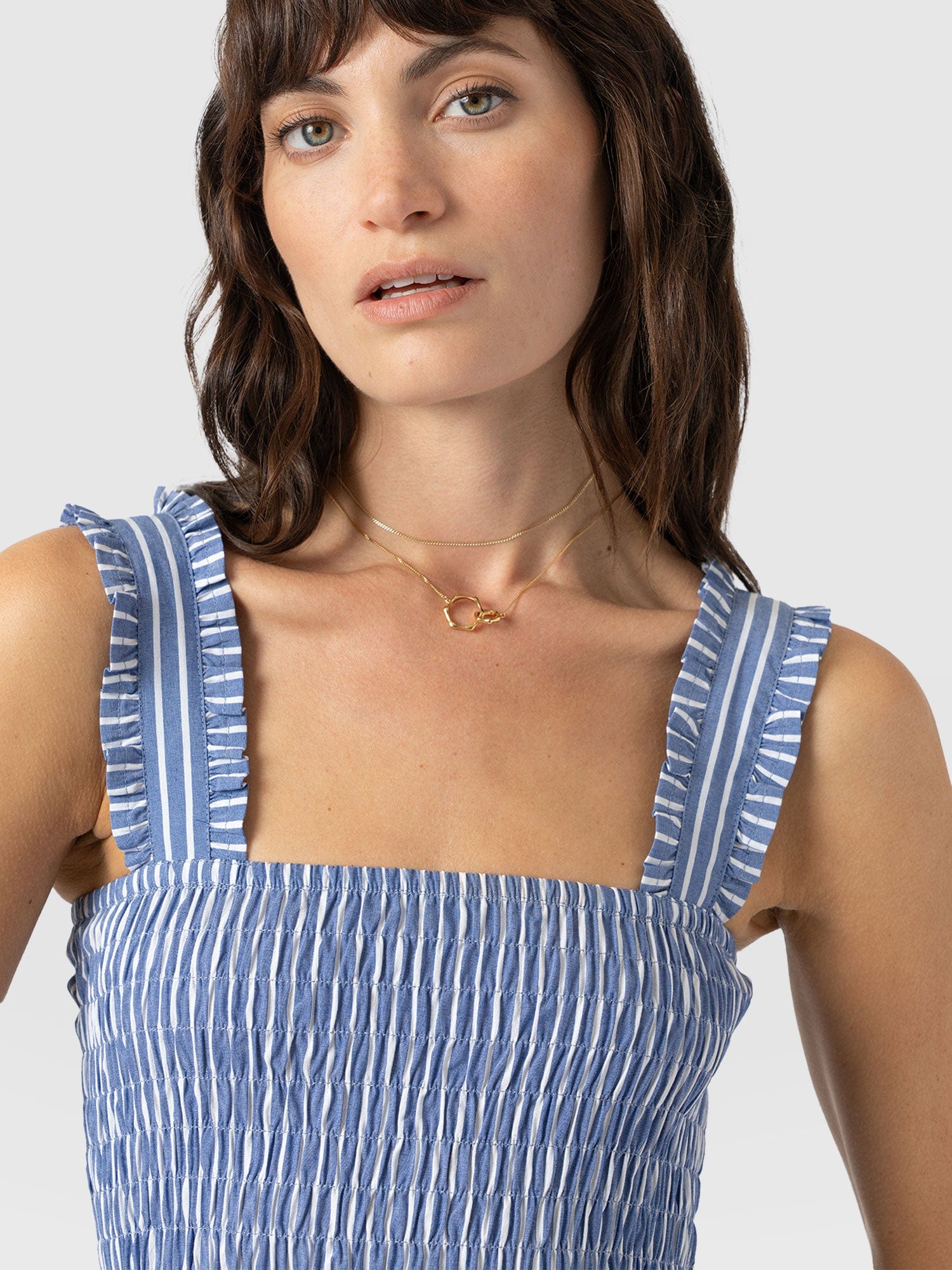 Maya Shirring Dress - Blue Stripe - Women's Dresses | Saint + Sofia® USA